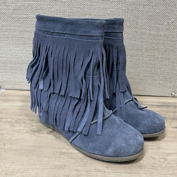 KLING Womens Blue Suede Fringe Hidden Wedge Ankle Bootie Size 7.5 US 38 EU - Picture 2 of 13